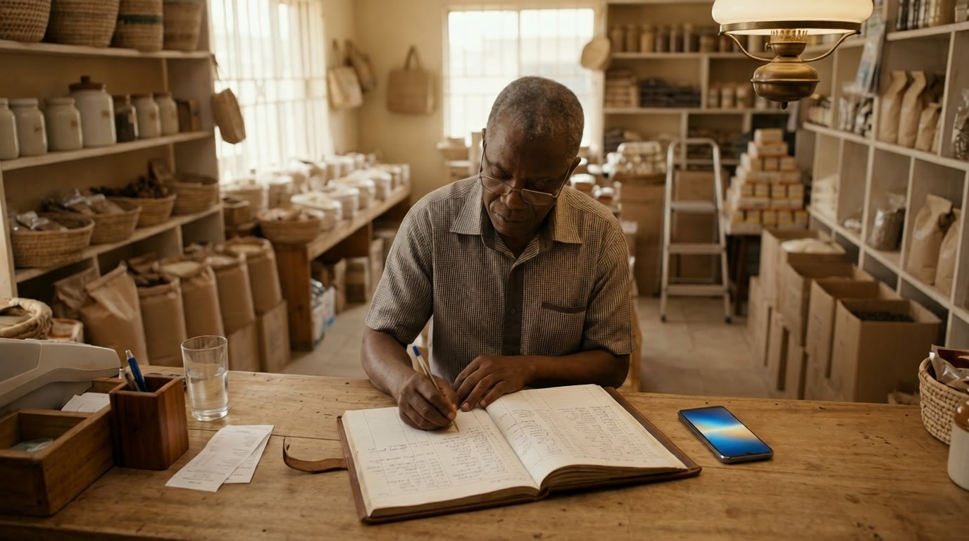 Shop owner recording a credit sale in a ledger