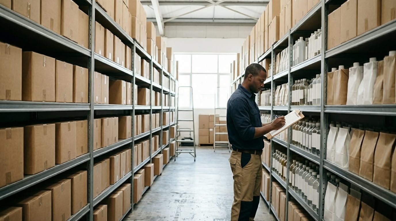Worker checking stock in a storeroom