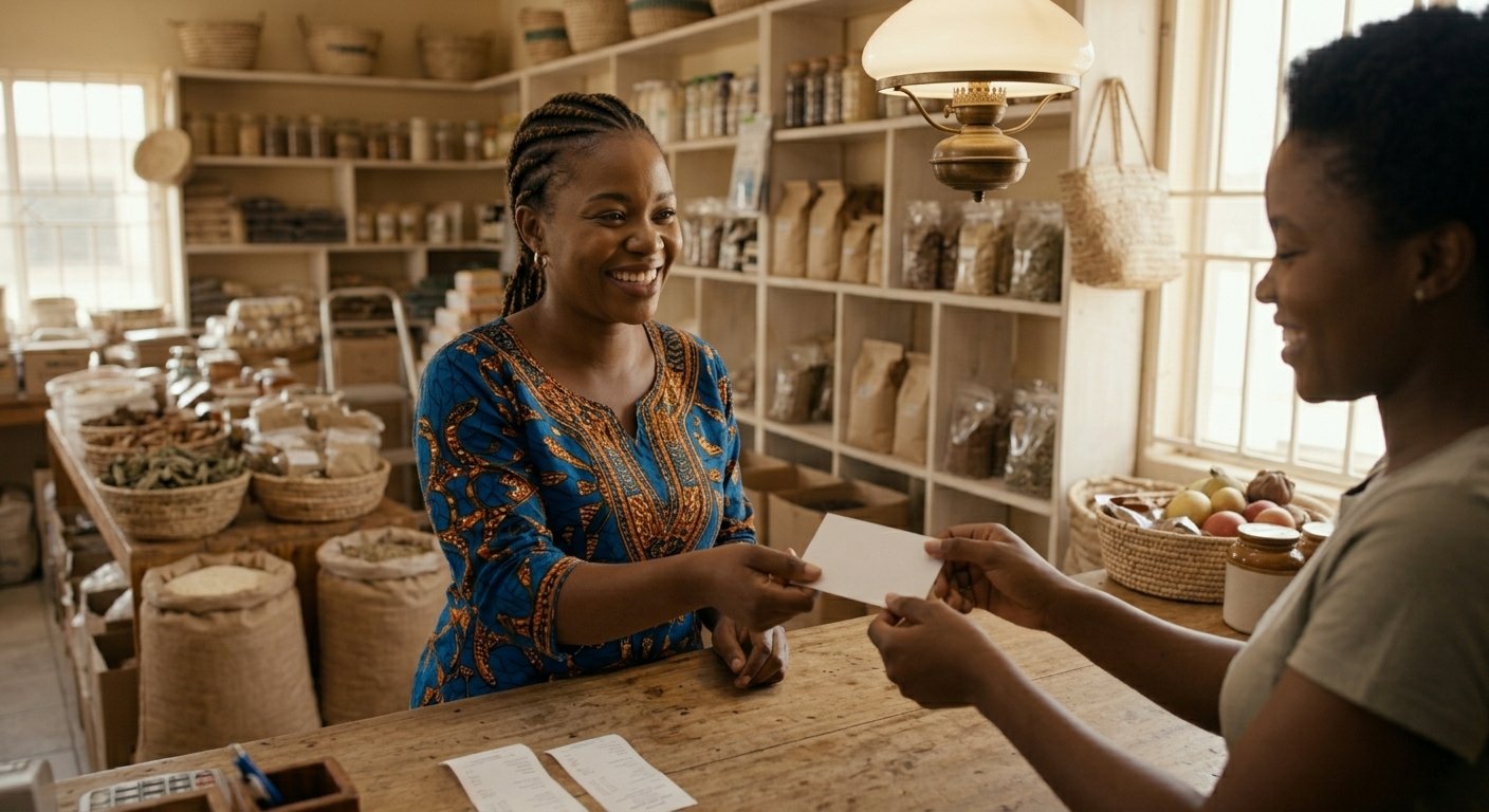 Shop owner handing a voucher to a customer