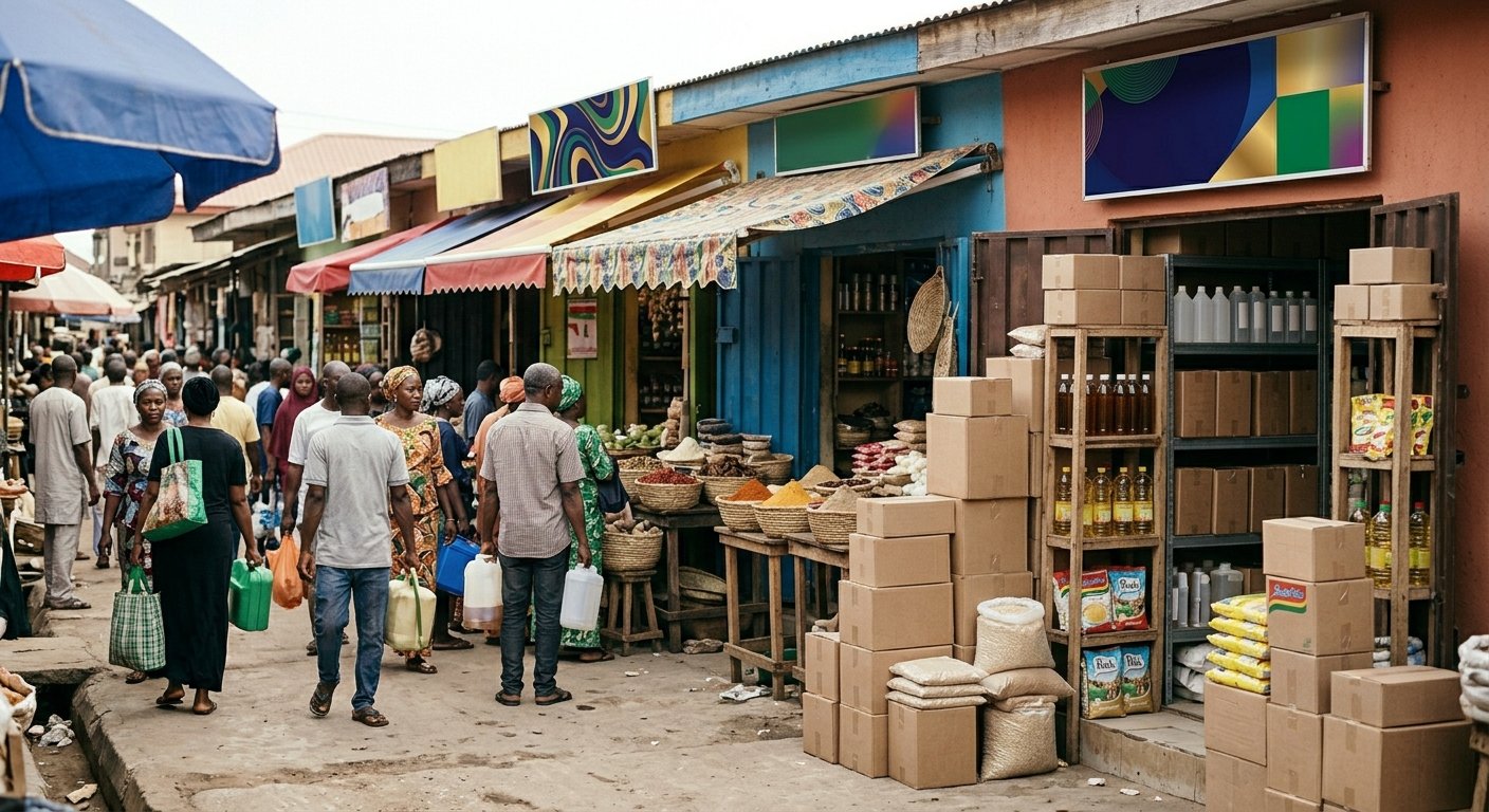Busy market street with multiple shop fronts