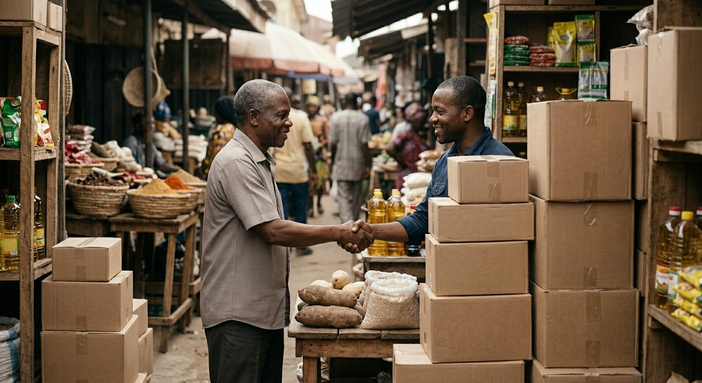 Two business owners shaking hands in a market