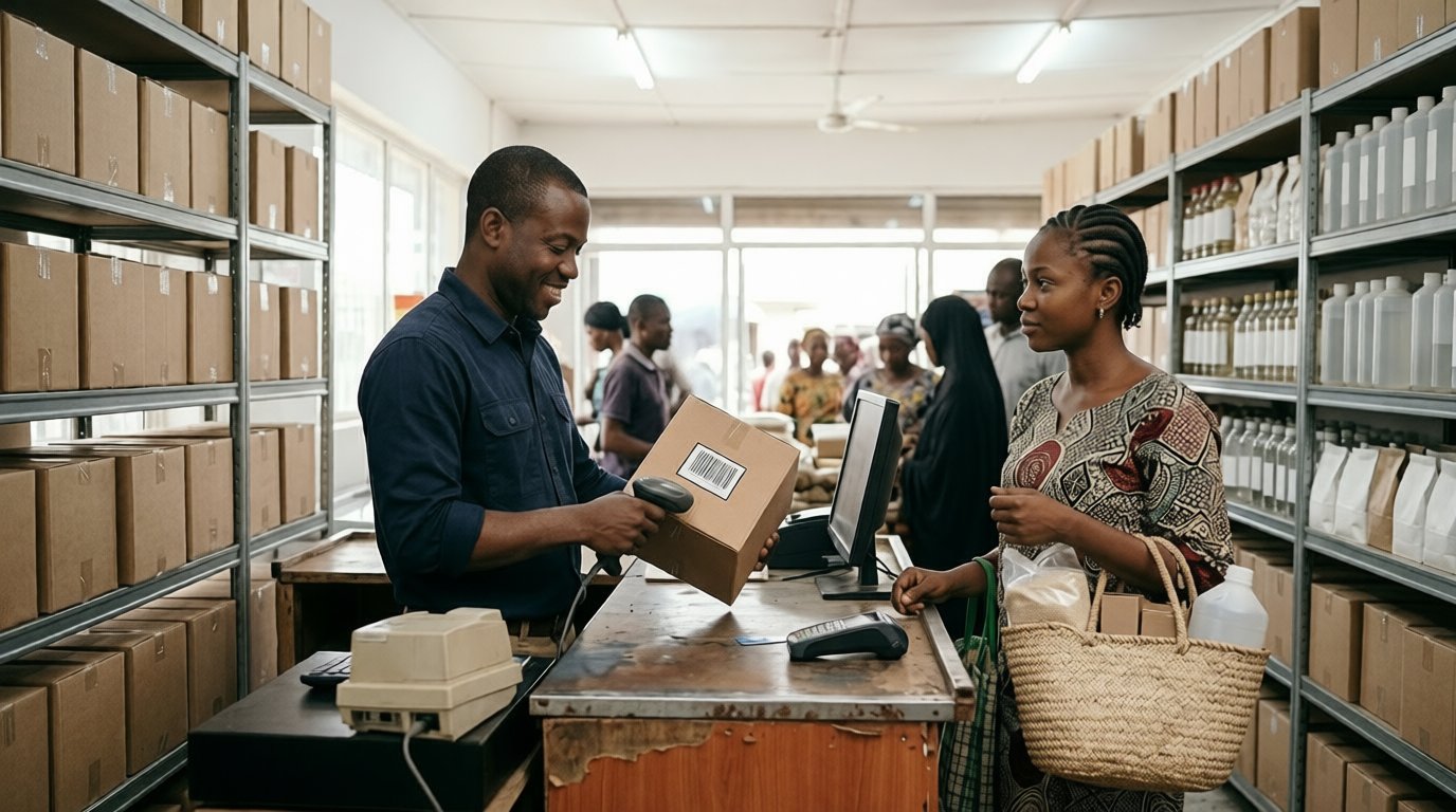 Cashier scanning a product at checkout